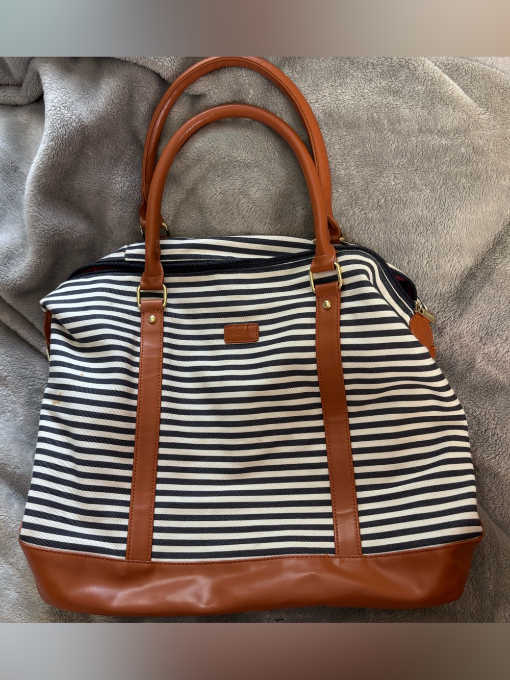 Striped Canvas Weekender Bag with Tan Trim